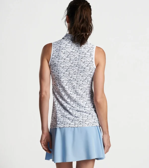 Banded Sport Mesh Birdie Print Sleeveless Button Polo