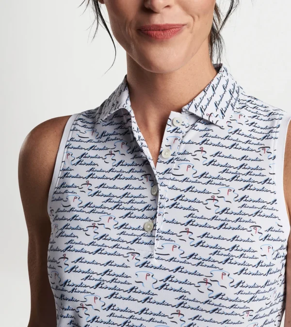 Banded Sport Mesh Birdie Print Sleeveless Button Polo